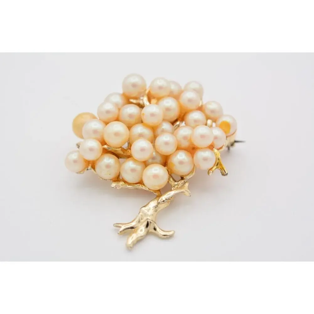 Vintage Tree Pin Brooch Faux Pearl Cluster Gold Tone Chunky Heavy 1980s BinAT